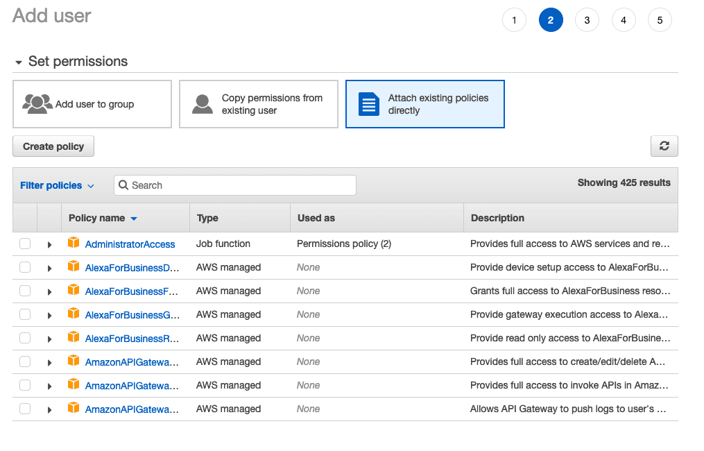 Choosing attach existing policy