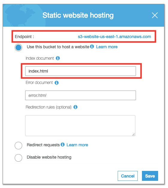 Step 4 - Enable AWS S3 Bucket static webhosting